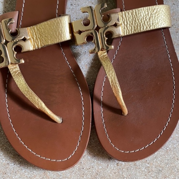 Tory Burch Gold Leather Monroe Sandals - Picture 2 of 7